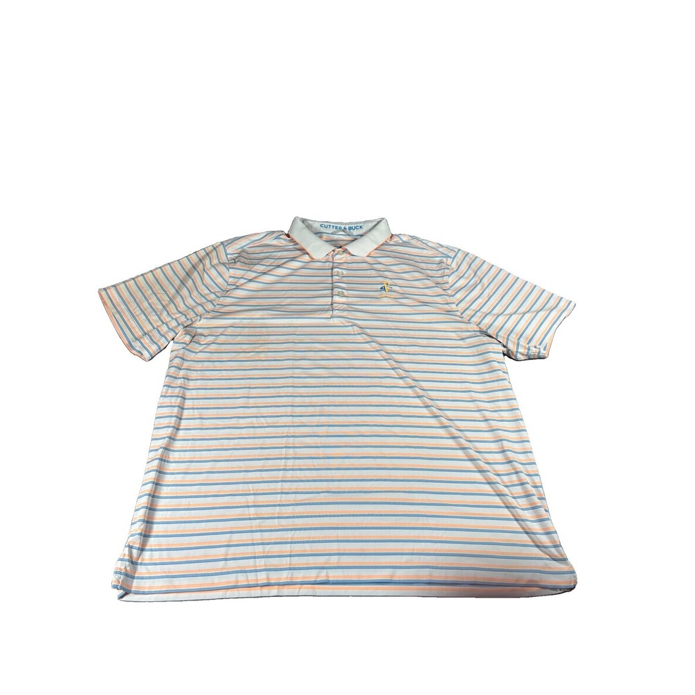 Cutter & Buck Mens Golf Striped Polo Shirt XL Orange Blue White Short Sleeve